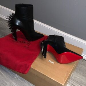 Christian Louboutin Black Leather Spike-Back Ankle Boots with Red Soles